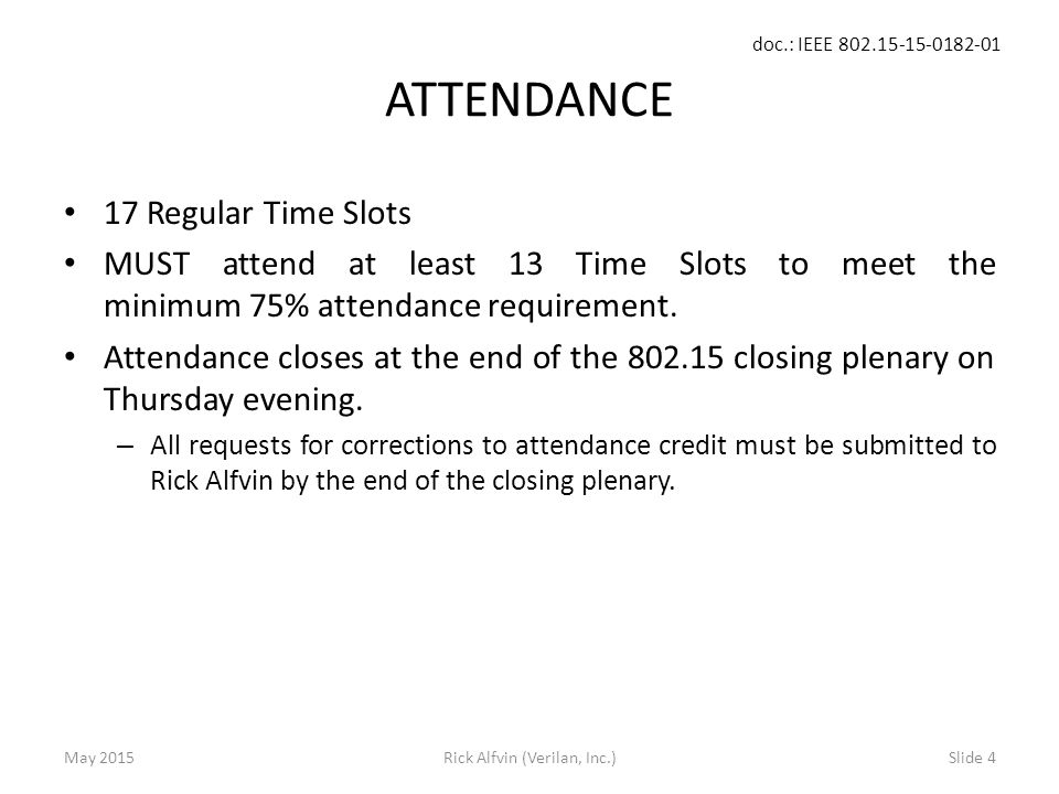 doc.: IEEE Rick Alfvin (Verilan, Inc.)Slide 4 ATTENDANCE 17 Regular Time Slots MUST attend at least 13 Time Slots to meet the minimum 75% attendance requirement.