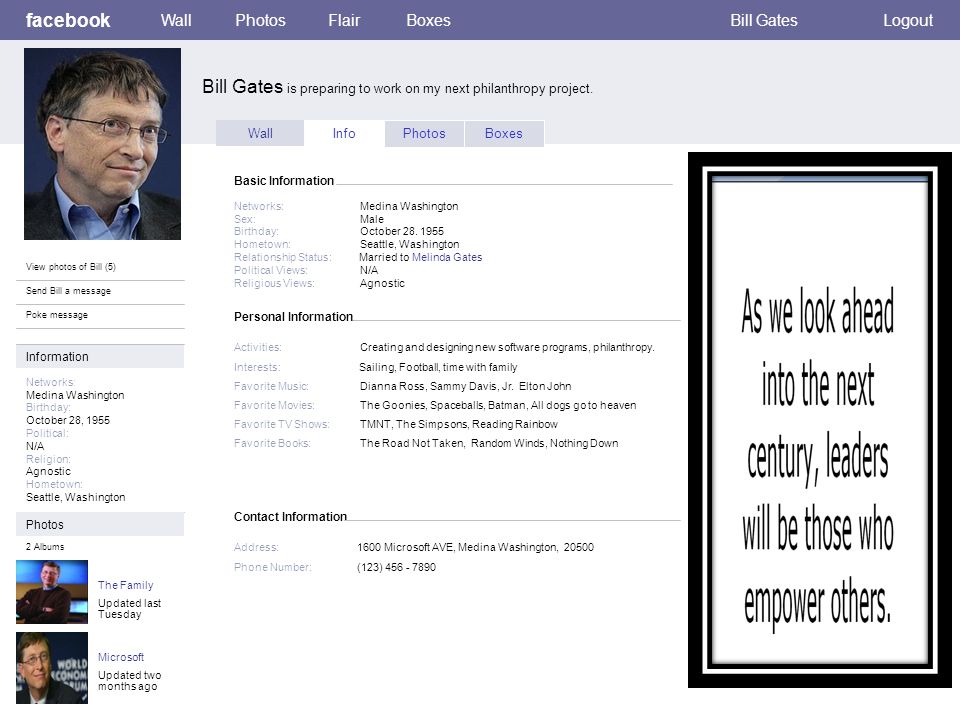 Personal Information facebook Bill Gates is preparing to work on my next philanthropy project.