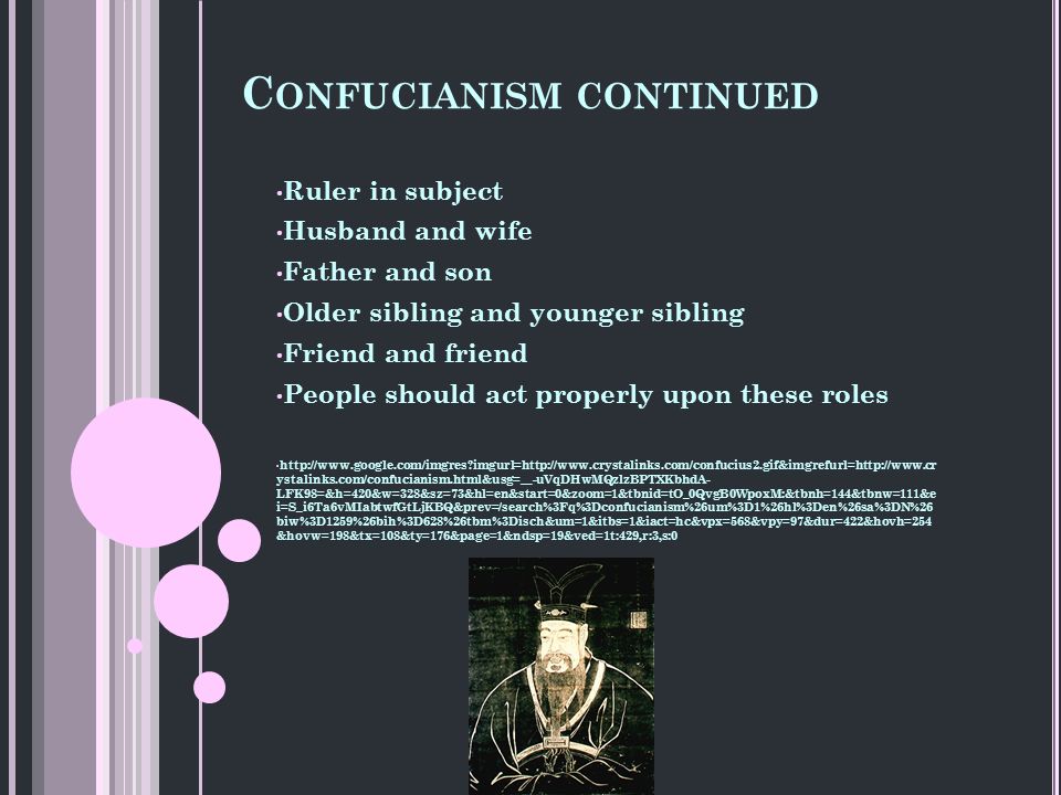 C ONFUCIANISM CONTINUED Ruler in subject Husband and wife Father and son Older sibling and younger sibling Friend and friend People should act properly upon these roles   imgurl=  ystalinks.com/confucianism.html&usg=__-uVqDHwMQzlzBPTXKbhdA- LFK98=&h=420&w=328&sz=73&hl=en&start=0&zoom=1&tbnid=tO_0QvgB0WpoxM:&tbnh=144&tbnw=111&e i=S_i6Ta6vMIabtwfGtLjKBQ&prev=/search%3Fq%3Dconfucianism%26um%3D1%26hl%3Den%26sa%3DN%26 biw%3D1259%26bih%3D628%26tbm%3Disch&um=1&itbs=1&iact=hc&vpx=568&vpy=97&dur=422&hovh=254 &hovw=198&tx=108&ty=176&page=1&ndsp=19&ved=1t:429,r:3,s:0