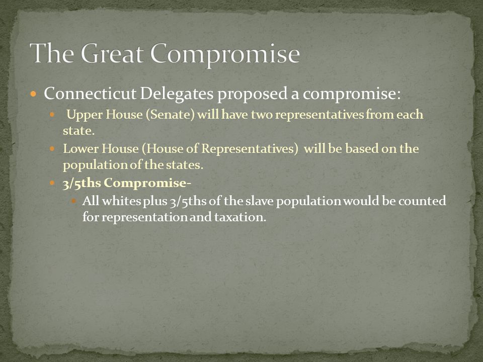 Connecticut Delegates proposed a compromise: Upper House (Senate) will have two representatives from each state.
