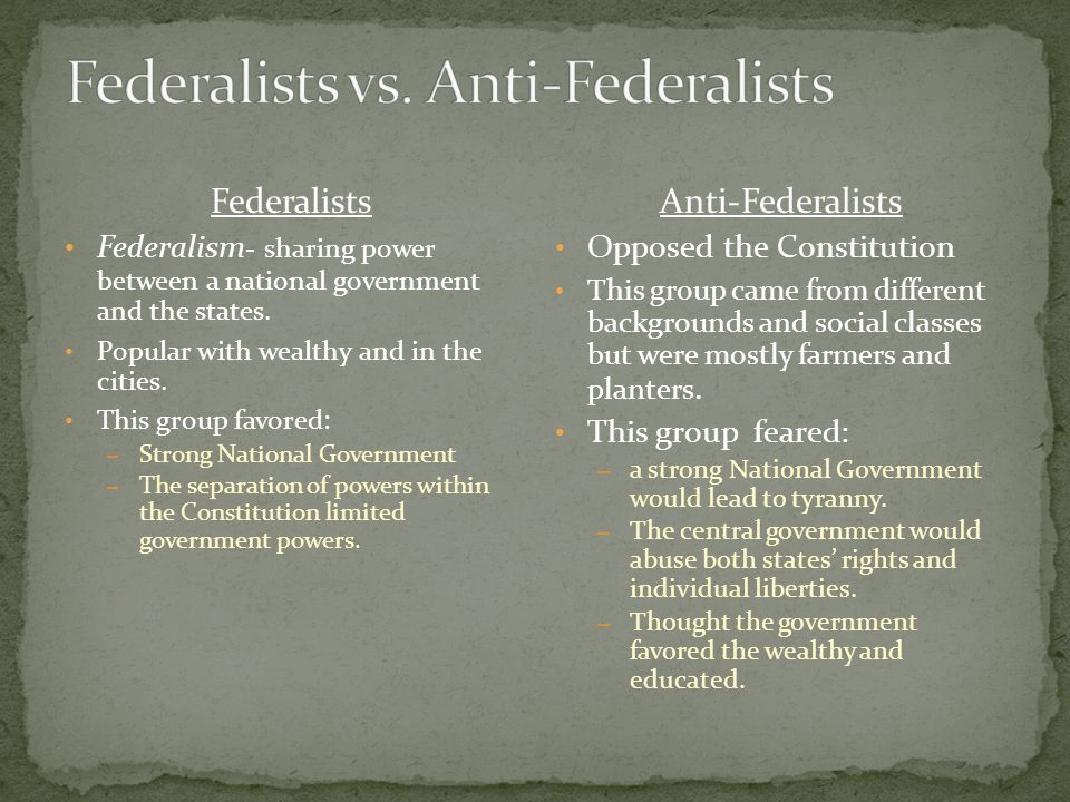 Federalists Federalism - sharing power between a national government and the states.