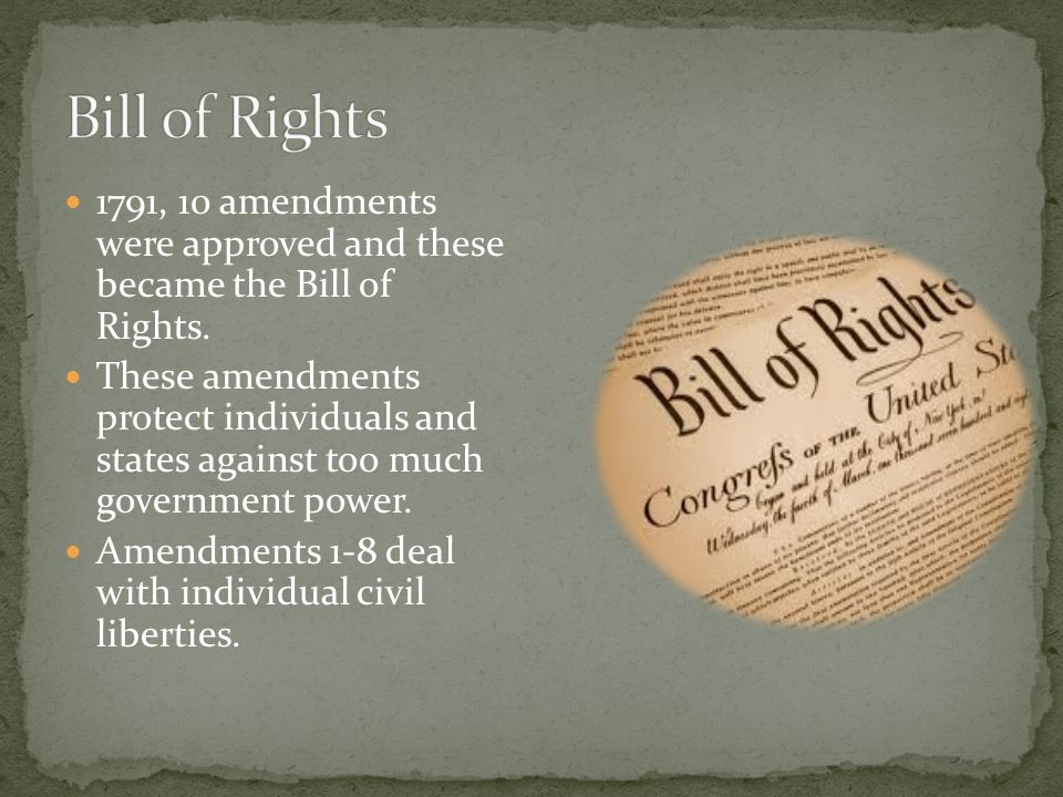 1791, 10 amendments were approved and these became the Bill of Rights.