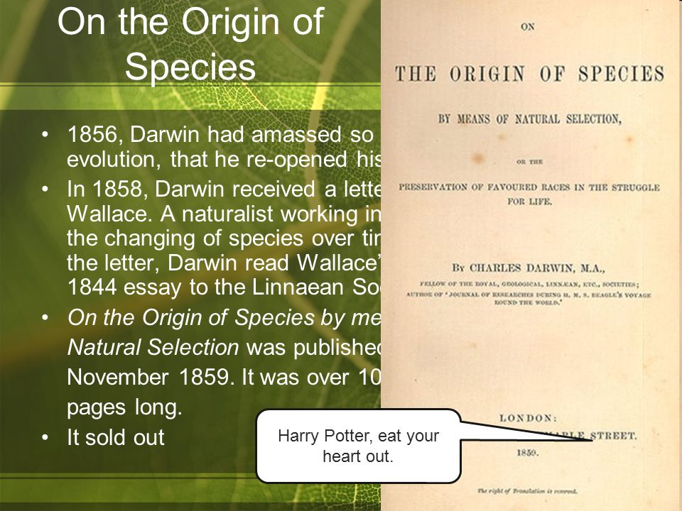 charles darwin origin of species essay In 1859, charles darwin published his book “on the origin of species by means of natural selection, or the preservation of favored races in the struggle of life. charles darwin origin of species essay In 1859, charles darwin published his book “on the origin of species by means of natural selection, or the preservation of favored races in the struggle of life.