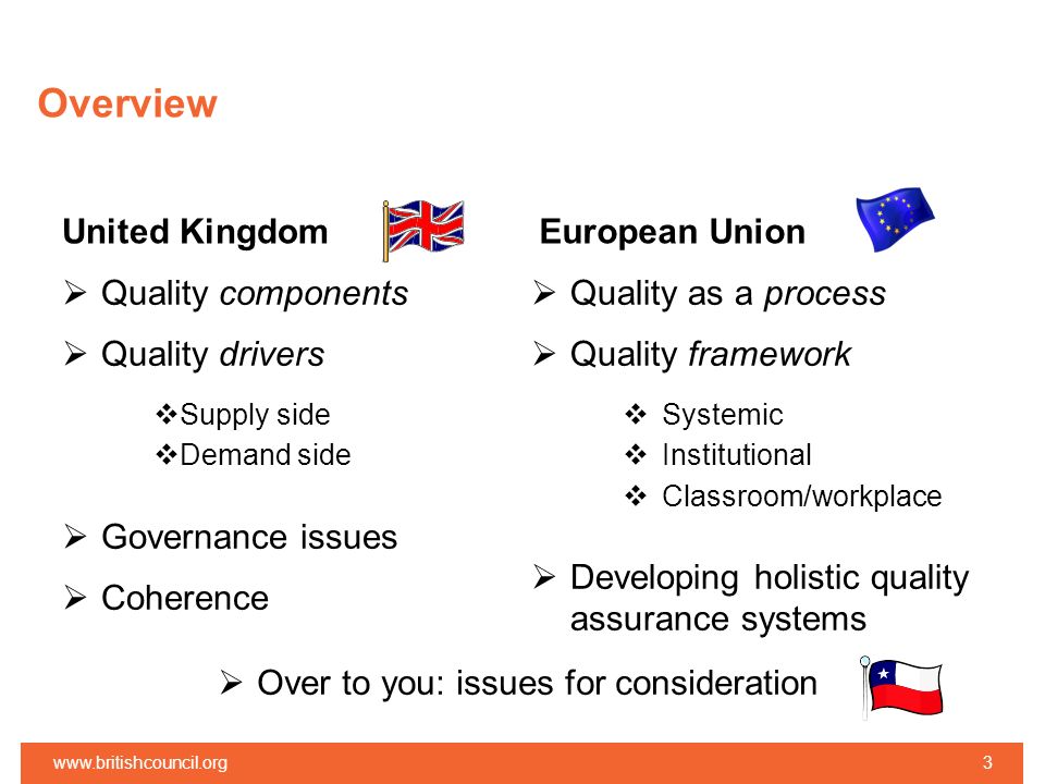 Overview European Union  Quality as a process  Quality framework  Systemic  Institutional  Classroom/workplace  Developing holistic quality assurance systems United Kingdom  Quality components  Quality drivers  Supply side  Demand side  Governance issues  Coherence    Over to you: issues for consideration