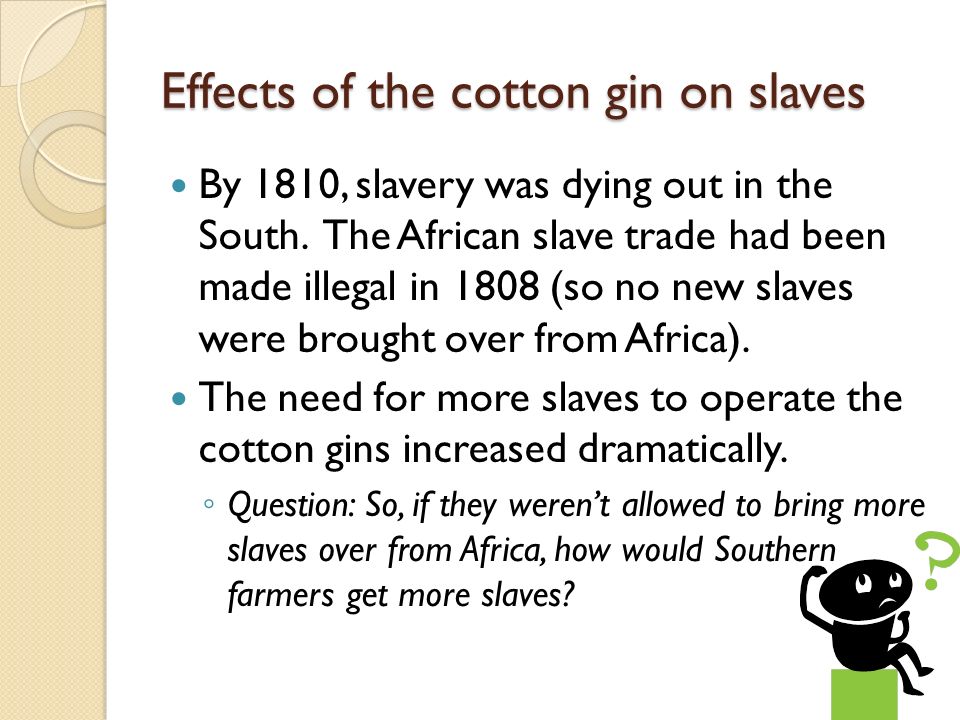 Effects of the cotton gin One slave with a cotton gin could do the work of 50 slaves without one Able to meet demand of Northeastern and British textile mills 1790: major Southern crops were tobacco & rice.