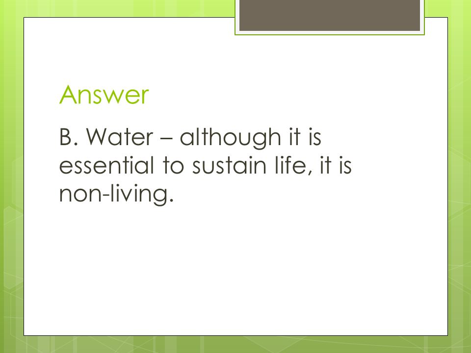 Answer B. Water – although it is essential to sustain life, it is non-living.