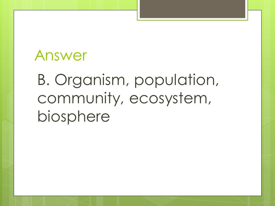 Answer B. Organism, population, community, ecosystem, biosphere