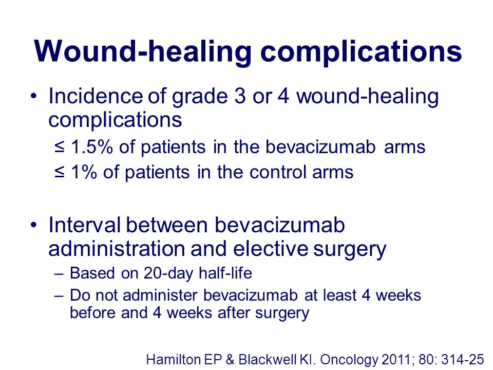 Wound-healing complications Incidence of grade 3 or 4 wound-healing complications ≤ 1.5% of patients in the bevacizumab arms ≤ 1% of patients in the control arms Interval between bevacizumab administration and elective surgery –Based on 20-day half-life –Do not administer bevacizumab at least 4 weeks before and 4 weeks after surgery Hamilton EP & Blackwell KI.