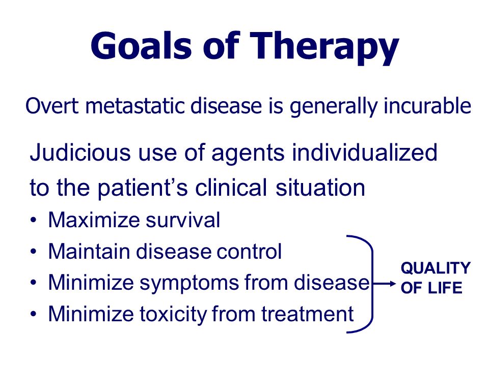 Goals of Therapy Judicious use of agents individualized to the patient’s clinical situation Maximize survival Maintain disease control Minimize symptoms from disease Minimize toxicity from treatment QUALITY OF LIFE Overt metastatic disease is generally incurable