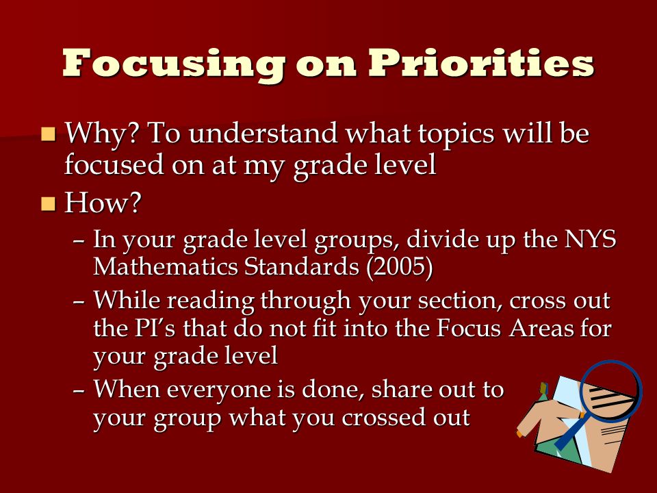 Focusing on Priorities Why. To understand what topics will be focused on at my grade level Why.