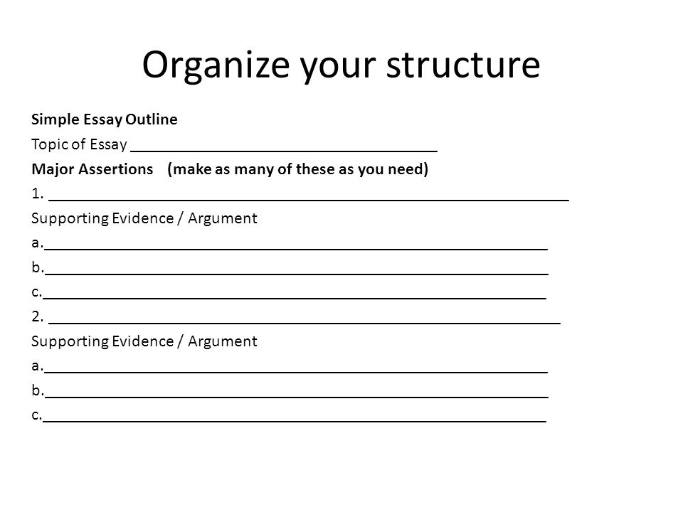 Organize your structure Simple Essay Outline Topic of Essay ____________________________________ Major Assertions (make as many of these as you need) 1.
