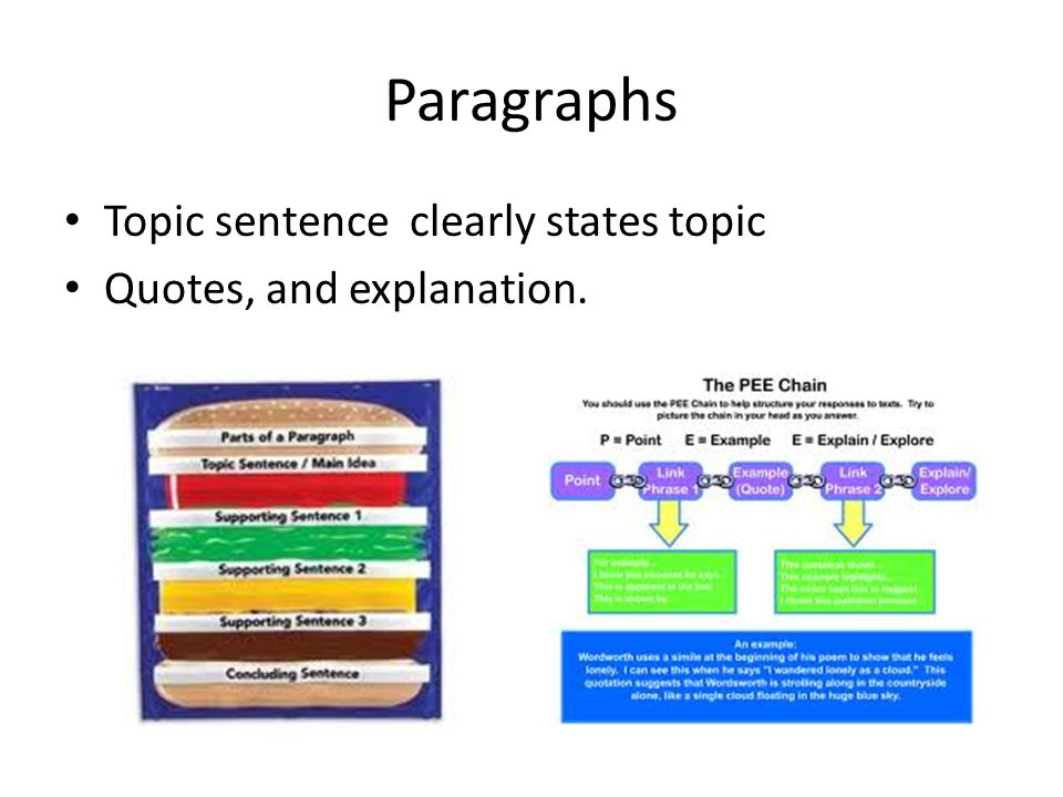 Paragraphs Topic sentence clearly states topic Quotes, and explanation.
