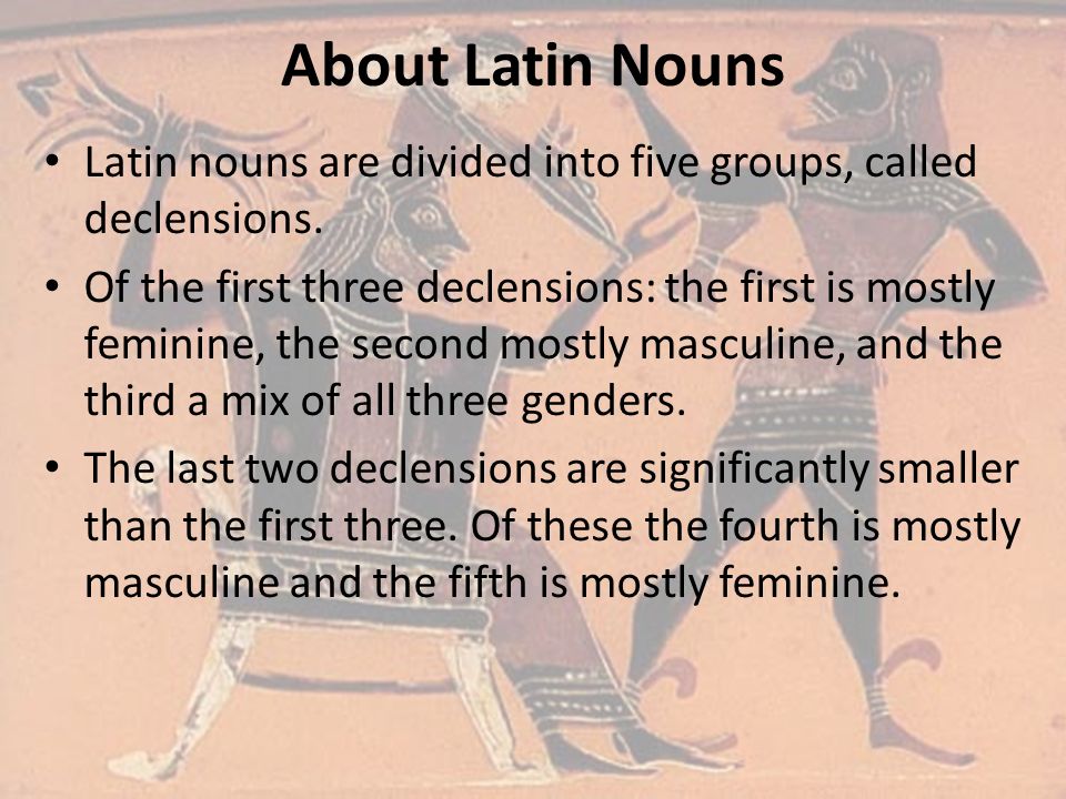 About Latin Nouns Latin nouns are divided into five groups, called declensions.