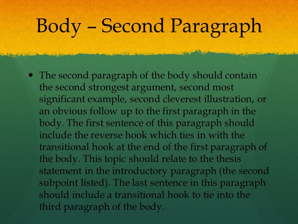 Body – Second Paragraph The second paragraph of the body should contain the second strongest argument, second most significant example, second cleverest illustration, or an obvious follow up to the first paragraph in the body.