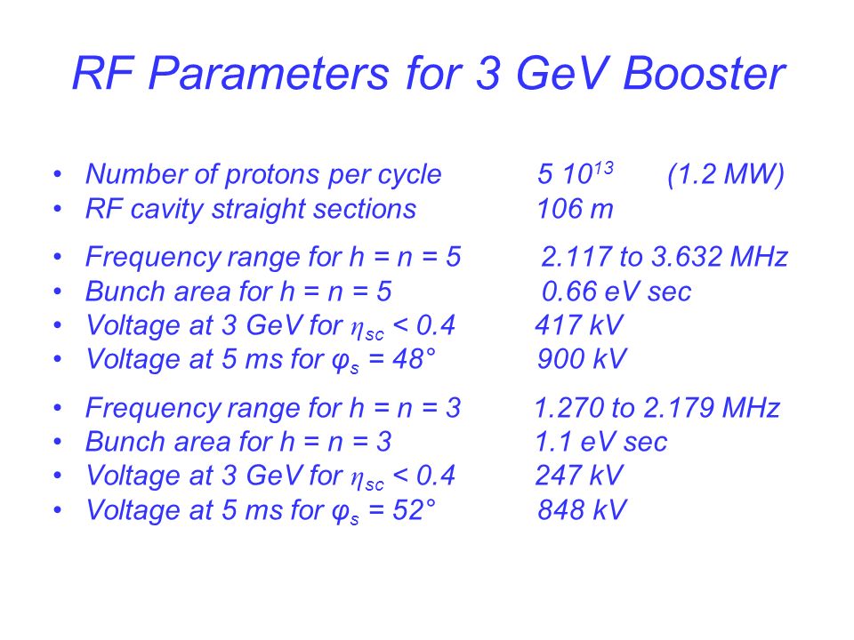 RF Parameters for 3 GeV Booster Number of protons per cycle (1.2 MW) RF cavity straight sections 106 m Frequency range for h = n = to MHz Bunch area for h = n = eV sec Voltage at 3 GeV for η sc < kV Voltage at 5 ms for φ s = 48° 900 kV Frequency range for h = n = to MHz Bunch area for h = n = eV sec Voltage at 3 GeV for η sc < kV Voltage at 5 ms for φ s = 52° 848 kV
