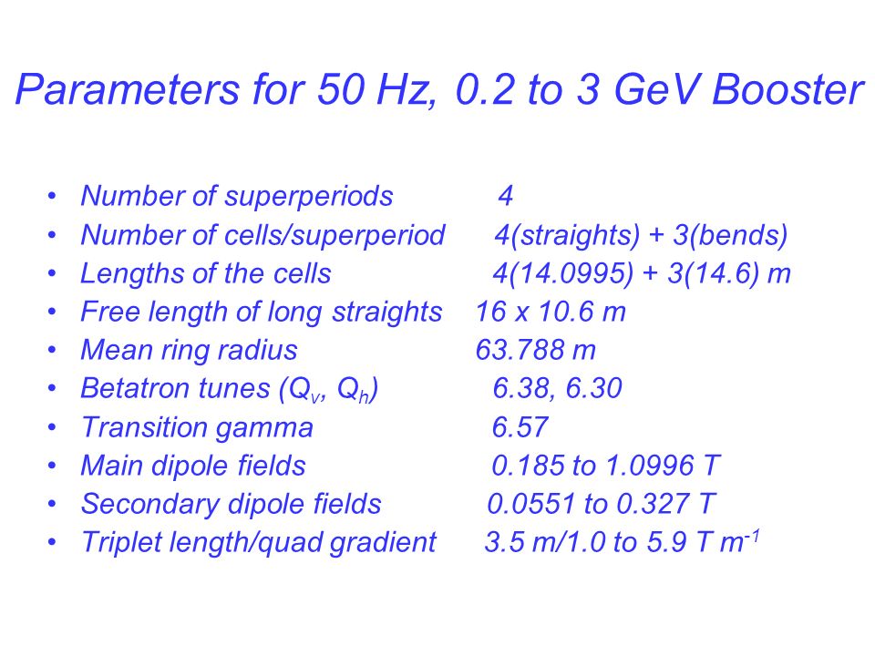 Parameters for 50 Hz, 0.2 to 3 GeV Booster Number of superperiods 4 Number of cells/superperiod 4(straights) + 3(bends) Lengths of the cells 4( ) + 3(14.6) m Free length of long straights 16 x 10.6 m Mean ring radius m Betatron tunes (Q v, Q h ) 6.38, 6.30 Transition gamma 6.57 Main dipole fields to T Secondary dipole fields to T Triplet length/quad gradient 3.5 m/1.0 to 5.9 T m -1