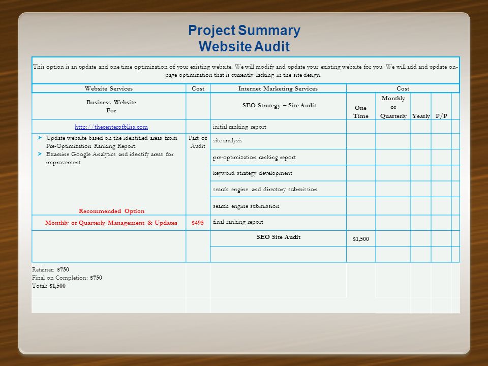 Project Summary Website Audit This option is an update and one time optimization of your existing website.