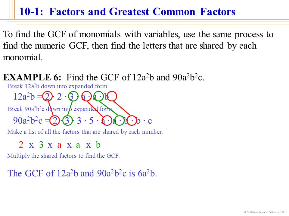 © William James Calhoun, : Factors and Greatest Common Factors : Definition of Greatest Common Factor The greatest common factor (GCF) of two or more integers is the greatest number that is a factor of all of the integers.