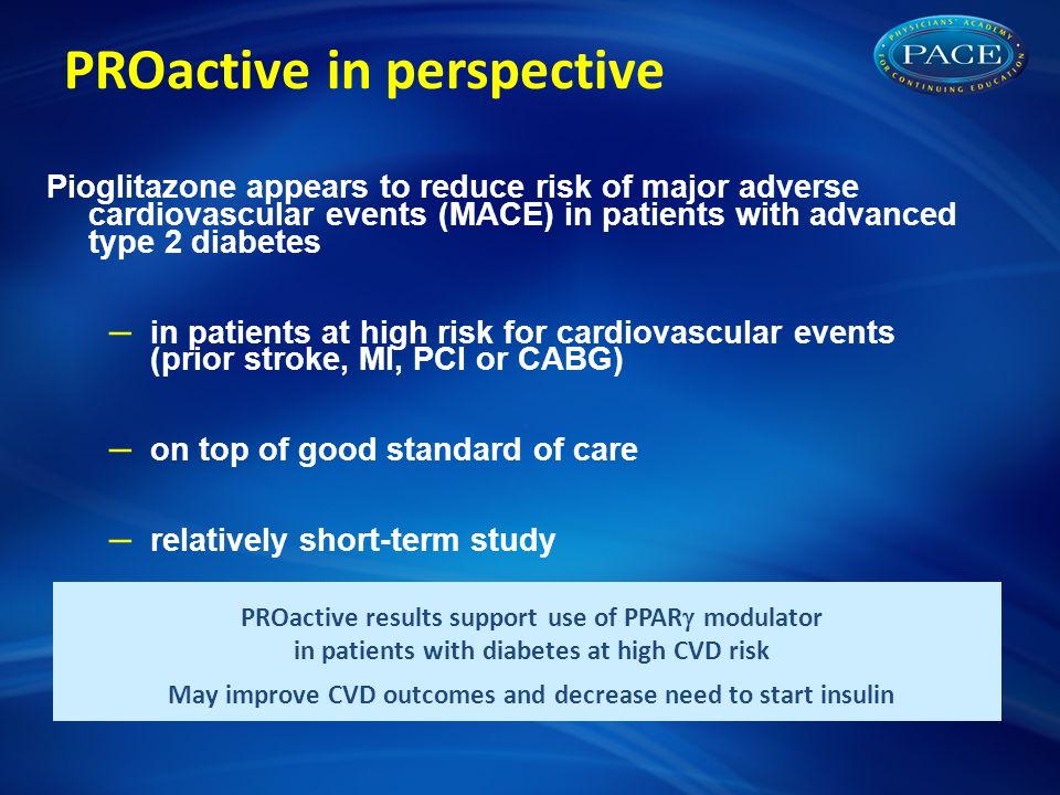 PROactive in perspective Pioglitazone appears to reduce risk of major adverse cardiovascular events (MACE) in patients with advanced type 2 diabetes – in patients at high risk for cardiovascular events (prior stroke, MI, PCI or CABG) – on top of good standard of care – relatively short-term study PROactive results support use of PPAR  modulator in patients with diabetes at high CVD risk May improve CVD outcomes and decrease need to start insulin