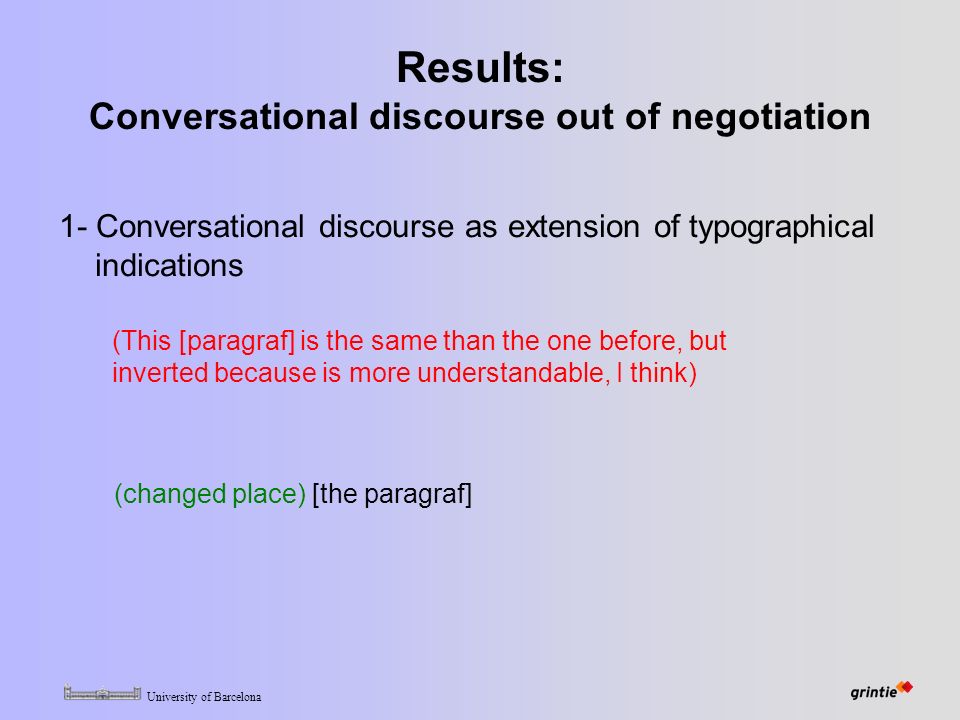 University of Barcelona Results: Conversational discourse out of negotiation 1- Conversational discourse as extension of typographical indications (This [paragraf] is the same than the one before, but inverted because is more understandable, I think) (changed place) [the paragraf]