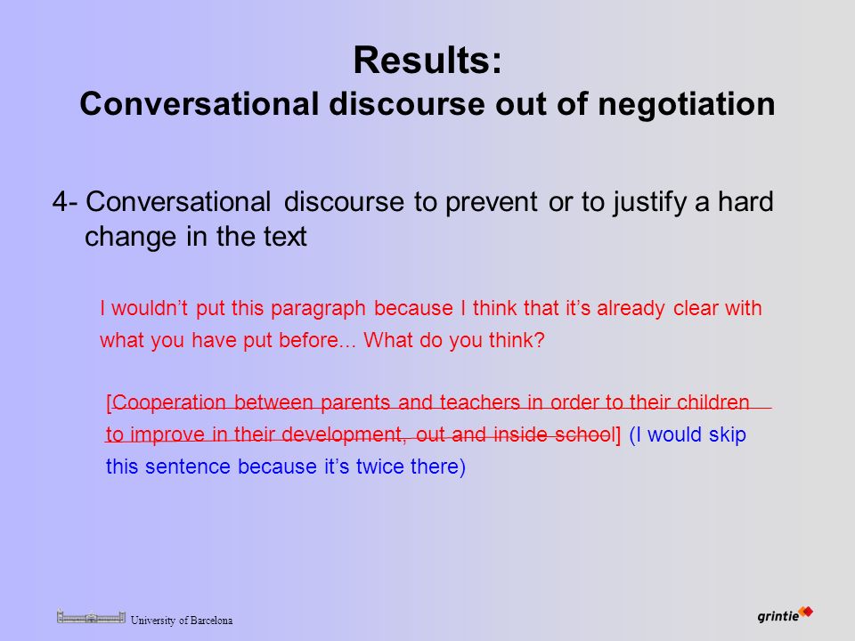University of Barcelona Results: Conversational discourse out of negotiation 4- Conversational discourse to prevent or to justify a hard change in the text I wouldn’t put this paragraph because I think that it’s already clear with what you have put before...