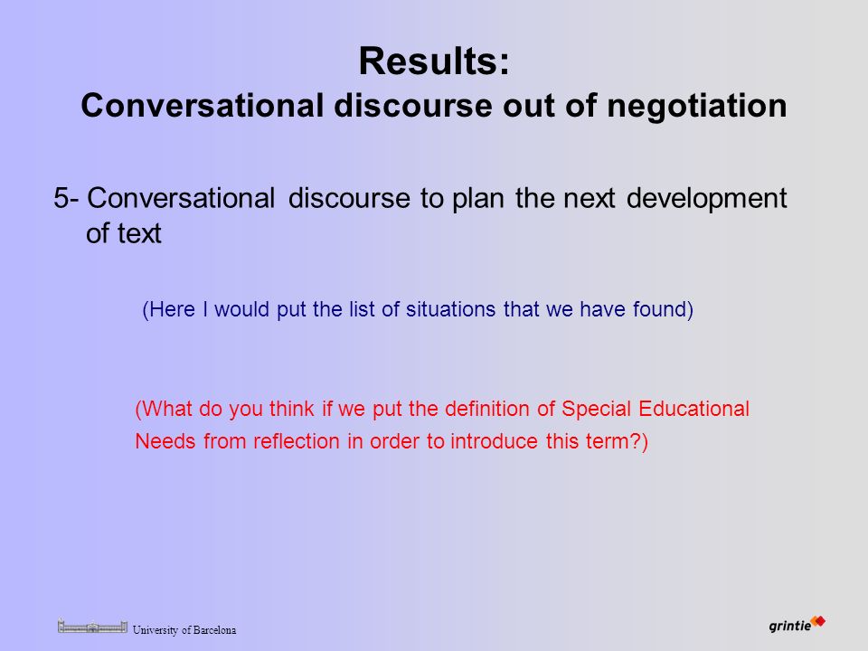 University of Barcelona Results: Conversational discourse out of negotiation 5- Conversational discourse to plan the next development of text (Here I would put the list of situations that we have found) (What do you think if we put the definition of Special Educational Needs from reflection in order to introduce this term )