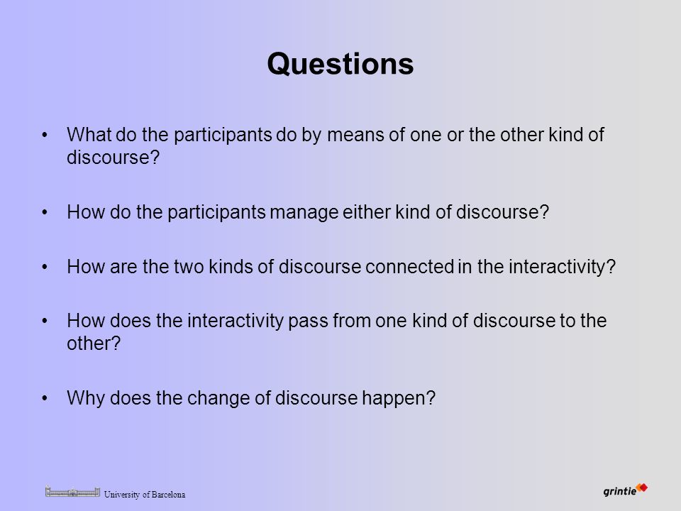 University of Barcelona Questions What do the participants do by means of one or the other kind of discourse.