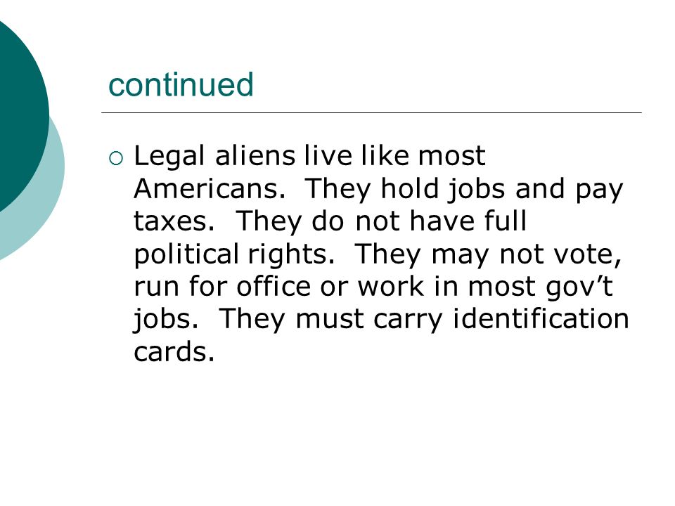 continued  Legal aliens live like most Americans.