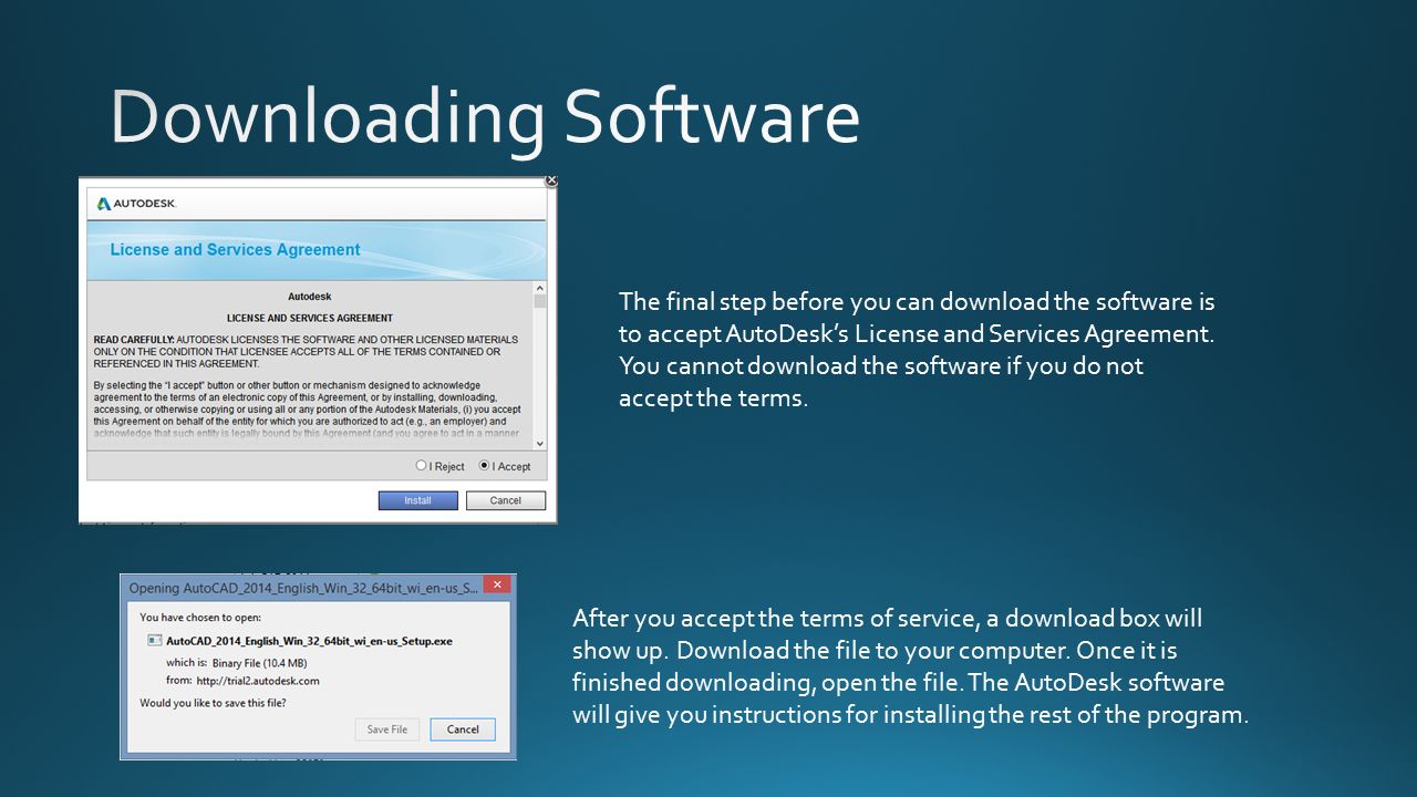 The final step before you can download the software is to accept AutoDesk’s License and Services Agreement.