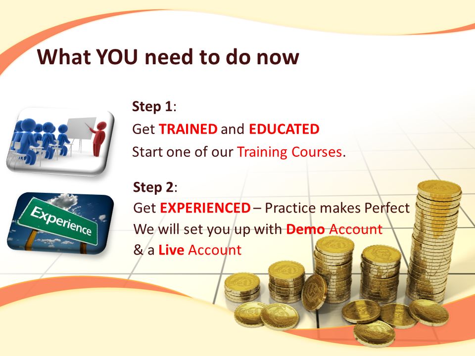 What YOU need to do now Step 1: Get TRAINED and EDUCATED Start one of our Training Courses.