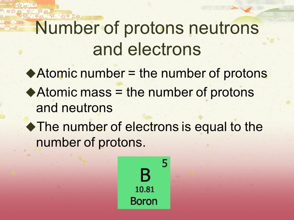 Number of protons neutrons and electrons  Atomic number = the number of protons  Atomic mass = the number of protons and neutrons  The number of electrons is equal to the number of protons.