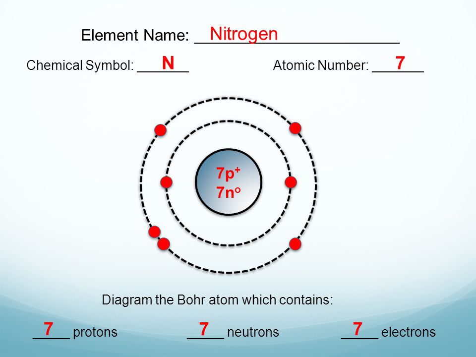Element Name: _______________________ Chemical Symbol: _______Atomic Number: _______ Diagram the Bohr atom which contains: _____ protons_____ neutrons_____ electrons Nitrogen N p + 7n o