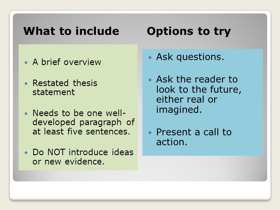What to includeOptions to try A brief overview Restated thesis statement Needs to be one well- developed paragraph of at least five sentences.