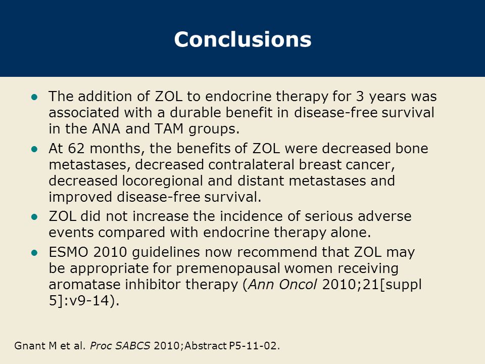 Conclusions The addition of ZOL to endocrine therapy for 3 years was associated with a durable benefit in disease-free survival in the ANA and TAM groups.
