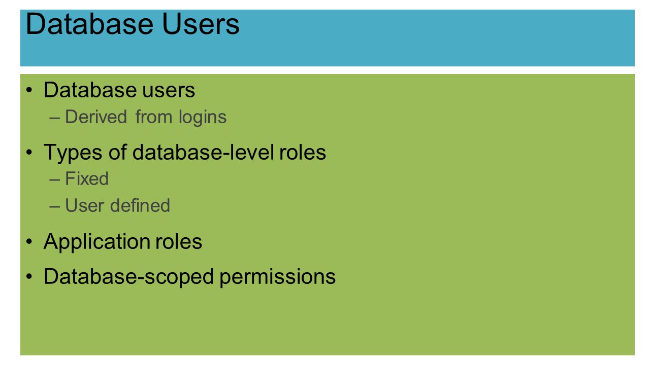 Database Users Database users –Derived from logins Types of database-level roles –Fixed –User defined Application roles Database-scoped permissions