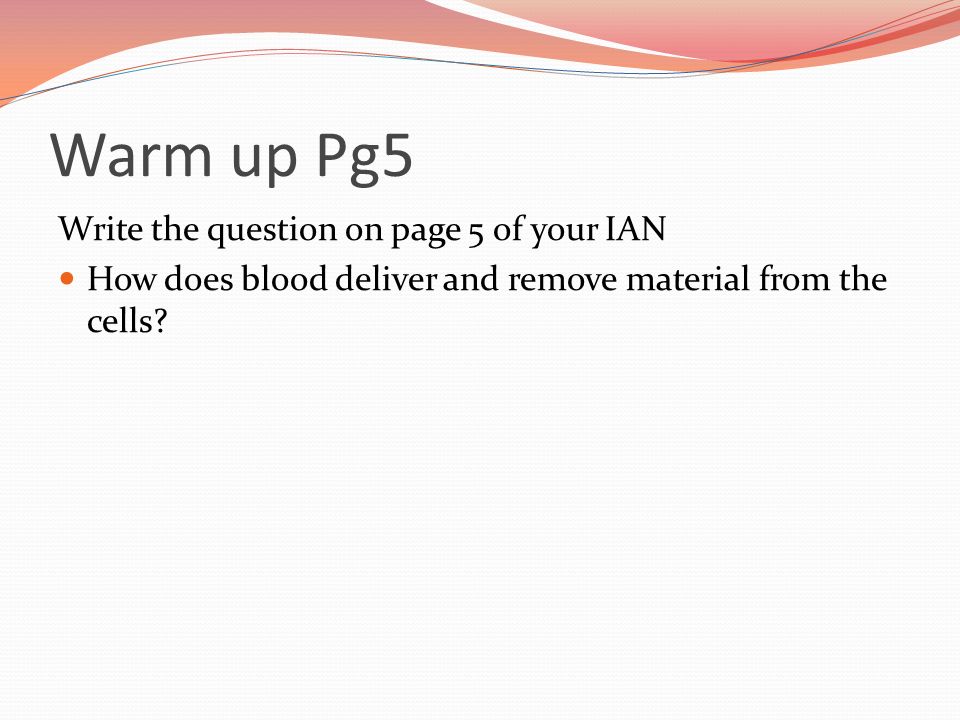 Warm up Pg5 Write the question on page 5 of your IAN How does blood deliver and remove material from the cells