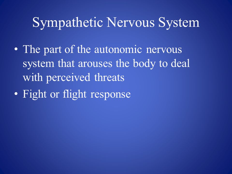 Sympathetic Nervous System The part of the autonomic nervous system that arouses the body to deal with perceived threats Fight or flight response