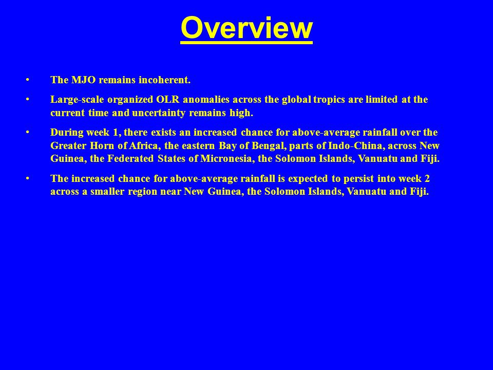 Overview The MJO remains incoherent.