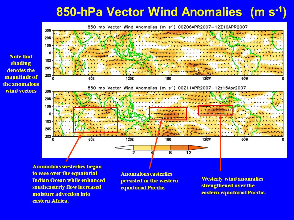 850-hPa Vector Wind Anomalies (m s -1 ) Note that shading denotes the magnitude of the anomalous wind vectors Northerly flow has strengthened north of the equator.