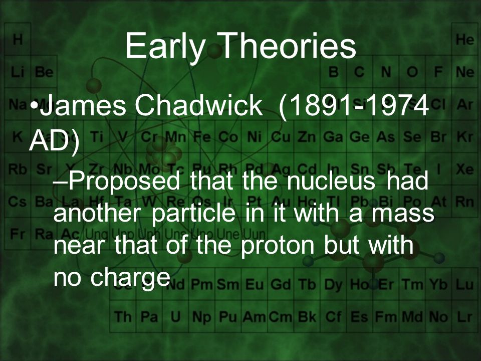 Early Theories James Chadwick ( AD) –Proposed that the nucleus had another particle in it with a mass near that of the proton but with no charge