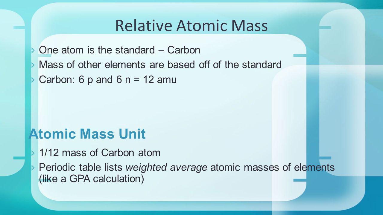 Atomic Mass Unit  One atom is the standard – Carbon  Mass of other elements are based off of the standard  Carbon: 6 p and 6 n = 12 amu  1/12 mass of Carbon atom  Periodic table lists weighted average atomic masses of elements (like a GPA calculation) Relative Atomic Mass