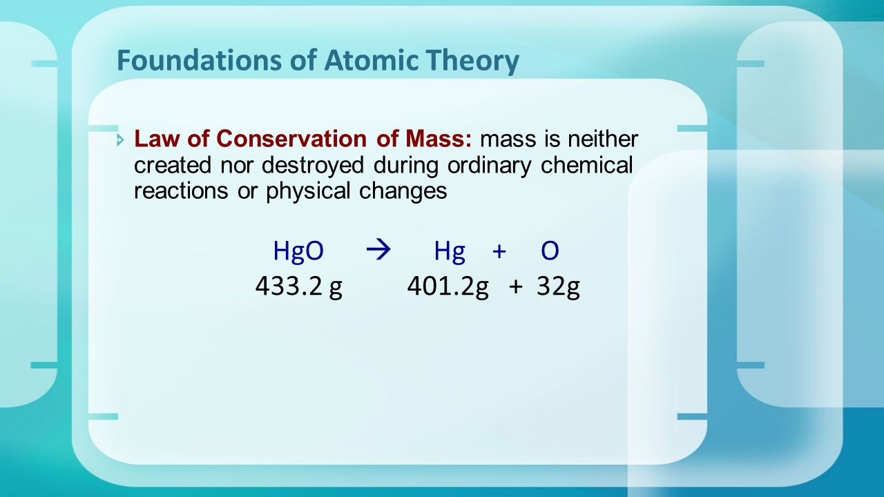 Law of Conservation of Mass: mass is neither created nor destroyed during ordinary chemical reactions or physical changes Foundations of Atomic Theory HgO  Hg + O g 401.2g + 32g