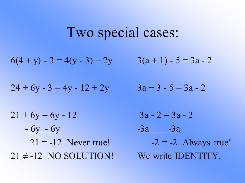 Two special cases: 6(4 + y) - 3 = 4(y - 3) + 2y y - 3 = 4y y y = 6y y - 6y 21 = -12 Never true.