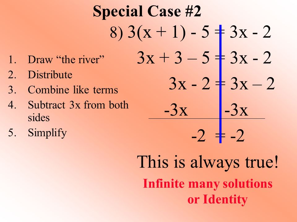 Special Case #2 8) 3(x + 1) - 5 = 3x - 2 3x + 3 – 5 = 3x - 2 3x - 2 = 3x – 2 -3x -3x -2 = -2 This is always true.