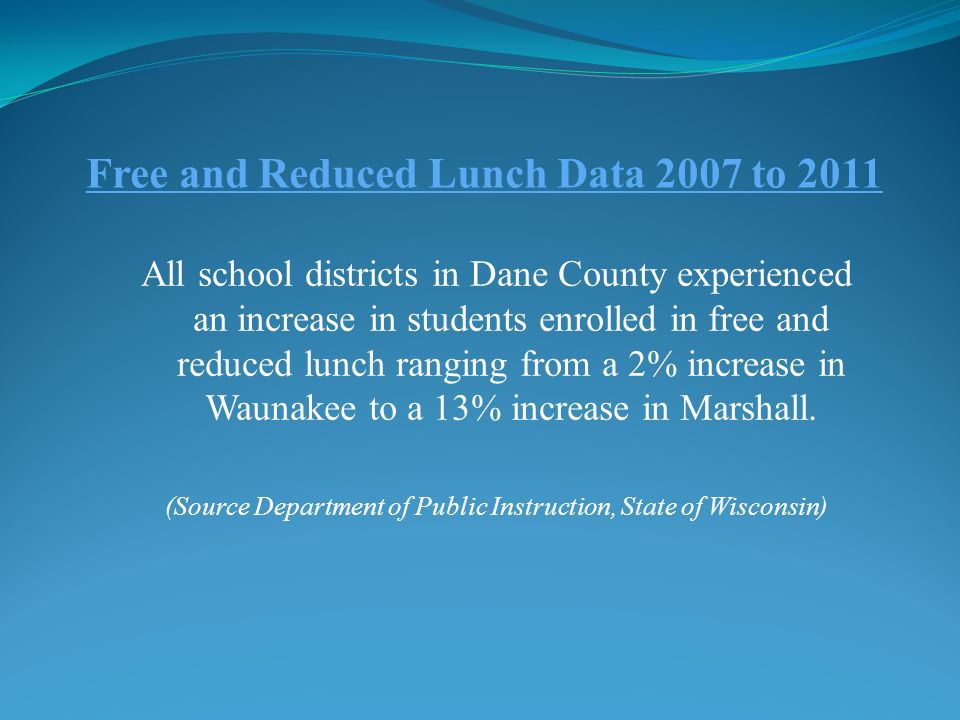 Free and Reduced Lunch Data 2007 to 2011 All school districts in Dane County experienced an increase in students enrolled in free and reduced lunch ranging from a 2% increase in Waunakee to a 13% increase in Marshall.