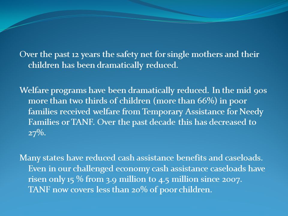Over the past 12 years the safety net for single mothers and their children has been dramatically reduced.