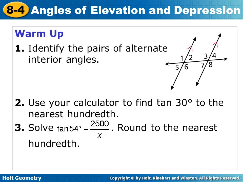 Holt Geometry 8 4 Angles Of Elevation And Depression 2 8 4
