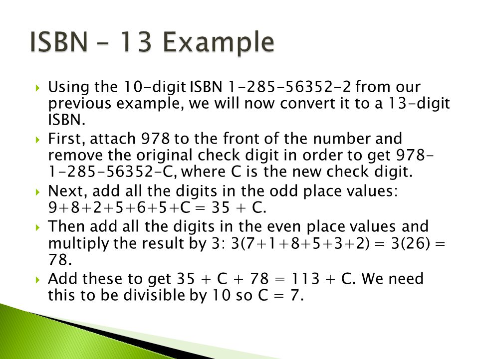  Using the 10-digit ISBN from our previous example, we will now convert it to a 13-digit ISBN.