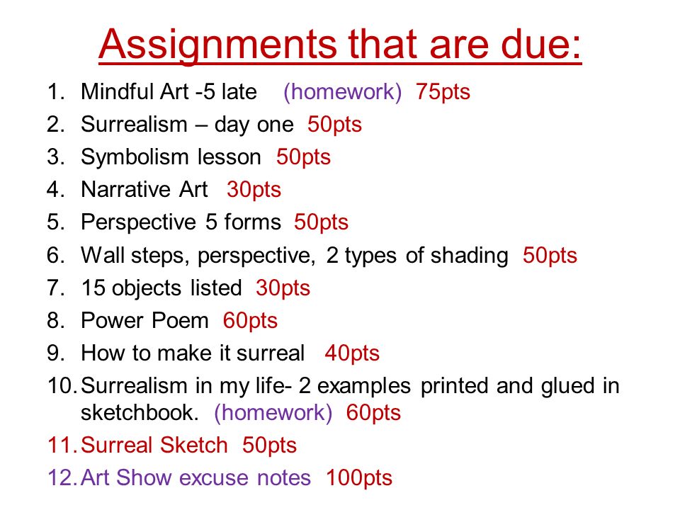 Assignments that are due: 1.Mindful Art -5 late (homework) 75pts 2.Surrealism – day one 50pts 3.Symbolism lesson 50pts 4.Narrative Art 30pts 5.Perspective 5 forms 50pts 6.Wall steps, perspective, 2 types of shading 50pts 7.15 objects listed 30pts 8.Power Poem 60pts 9.How to make it surreal 40pts 10.Surrealism in my life- 2 examples printed and glued in sketchbook.