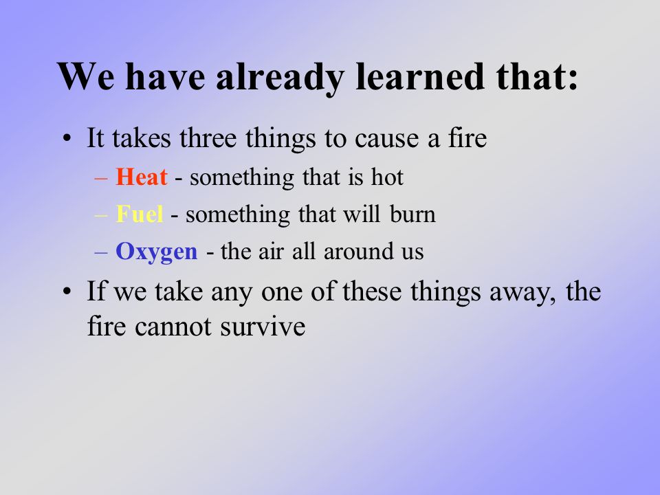 We have already learned that: It takes three things to cause a fire –Heat - something that is hot –Fuel - something that will burn –Oxygen - the air all around us If we take any one of these things away, the fire cannot survive